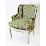 BERGERE, 91cm H x 66cm W, Louis XV style, white painted with cushion seat in green striped material.