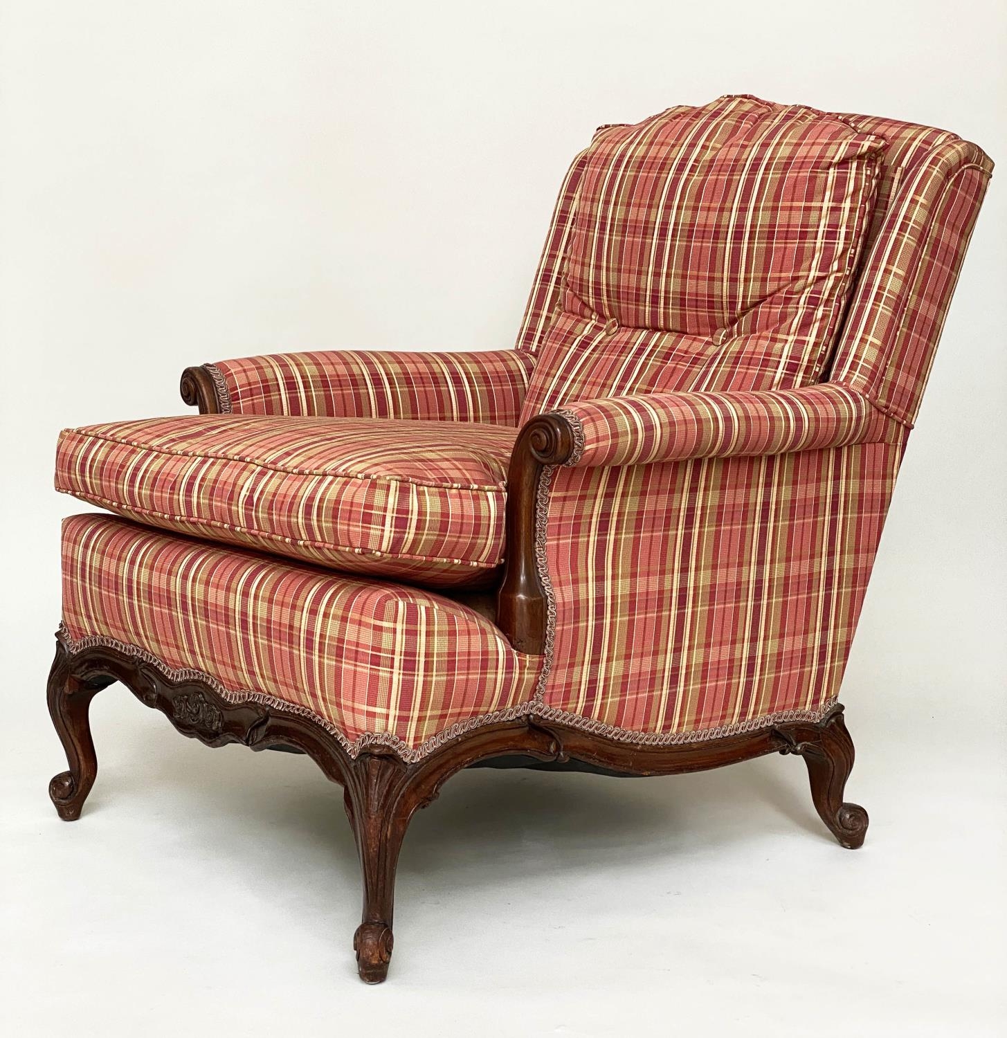 ARMCHAIR, Louis XV style mahogany newly reupholstered, with scroll arms and shaped supports (with - Image 2 of 7