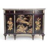 BUFFET, black lacquered hand decorated Chinoiserie and gilt metal mounted with three drawers and