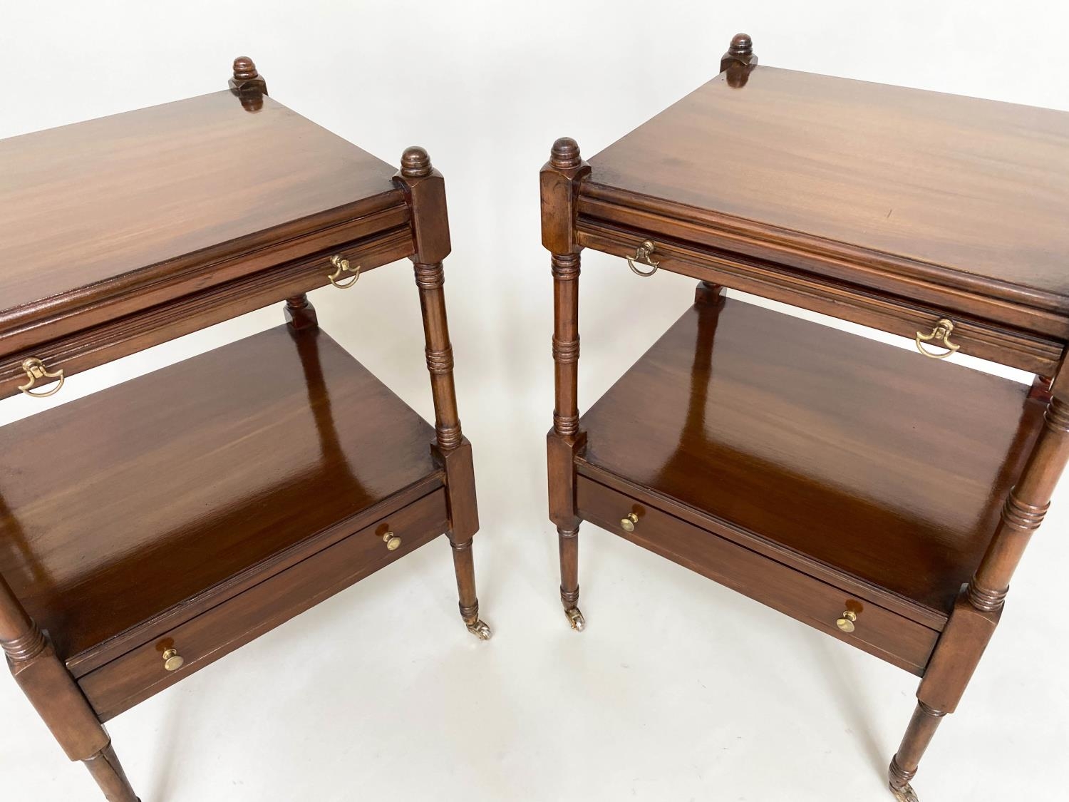 LAMP TABLES, a pair, George III design figured mahogany each with slide and under tierdrawer, 45cm W - Image 7 of 8