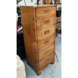 TALL CHEST, 46cm W x 41cm D x 122cm H, campaign style oak and brass bound, with six drawers.