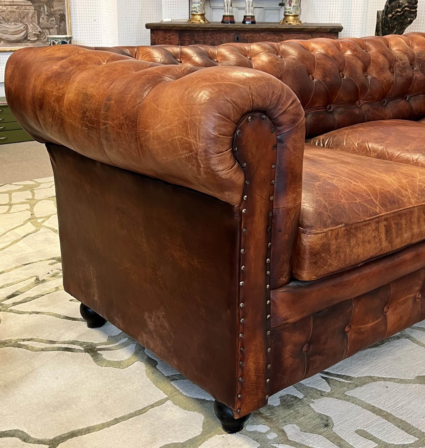 CHESTERFIELD SOFA, three seater, buttoned and studded tan leather, 210cm W. - Bild 5 aus 5