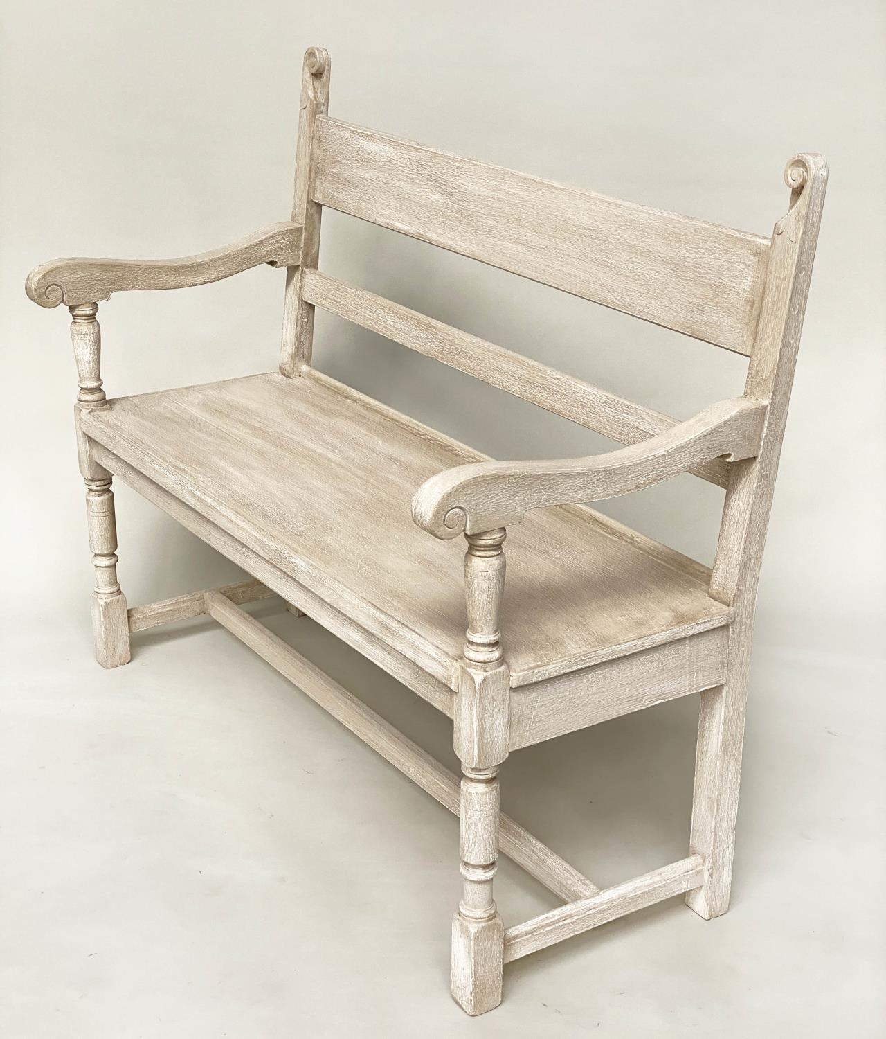 HALL BENCH, antique grey painted with scroll carved detail and turned supports, 118cm W x 32cm D x - Image 2 of 7