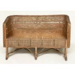 HALL SOFA/BENCH, early 20th century vintage rattan frame and cane woven with pierced decoration