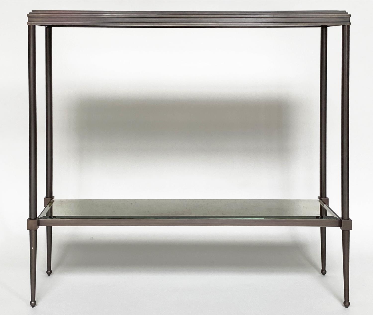 CONSOLE TABLE, Art Deco style bronze forged metal with two tier glass shelves, 80cm W x 25cm D x - Image 4 of 5