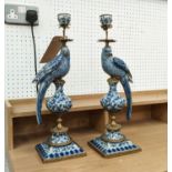 CANDELABRA, a pair, 48cm H, in the form of cockatoos, blue and white ceramic, gilt metal mounts. (2)