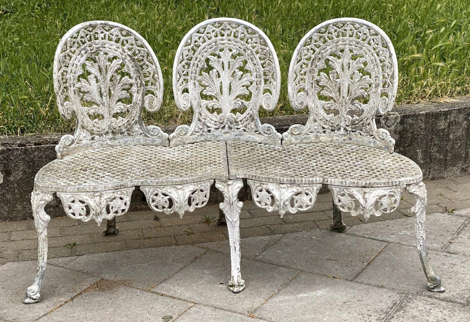 GARDEN BENCH, well weathered cast aluminium white painted and pierced, 135cm W. - Image 6 of 6