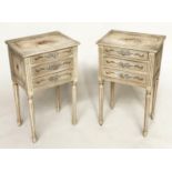 BEDSIDE CHESTS, a pair, French Louis XVI style craquelure grey with hand painted floral ribbon