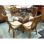 BAMBOO DINING SET, including four chairs, 100cm H, and table, 76cm H x 100cm approx., with glass