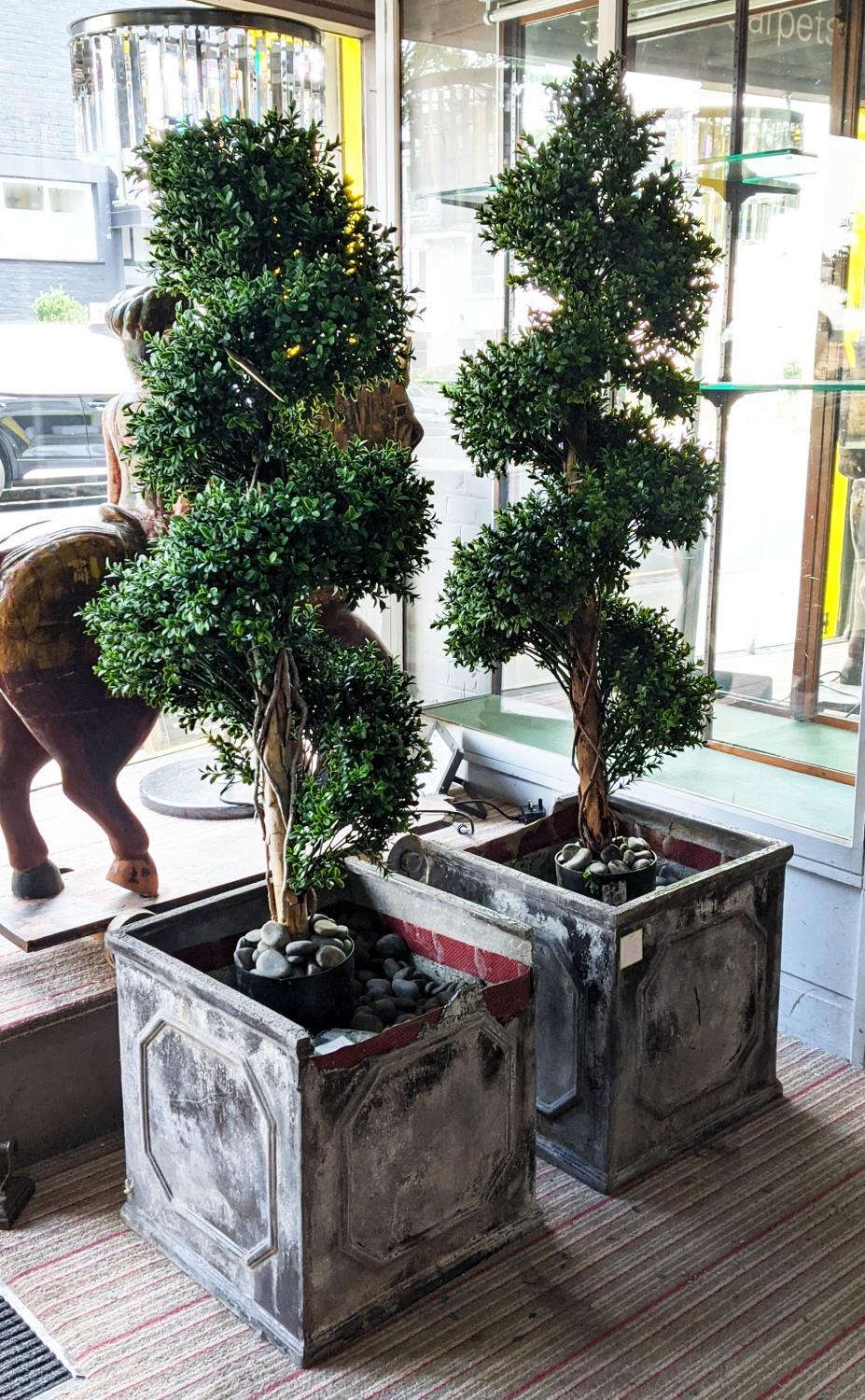 FAUX BOX TREES, a pair, in planters, 170cm H. (2)