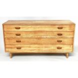 CHEST, 1970s ash with four long drawers with bentwood handles and stile supports, 160cm W x 55cm D x
