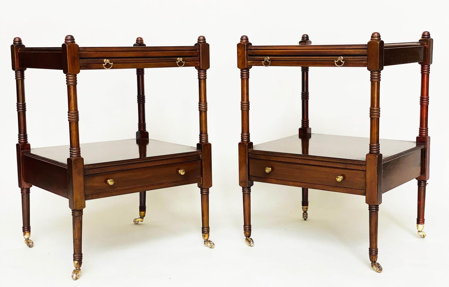 LAMP TABLES, a pair, George III design figured mahogany each with slide and under tierdrawer, 45cm W - Image 8 of 8