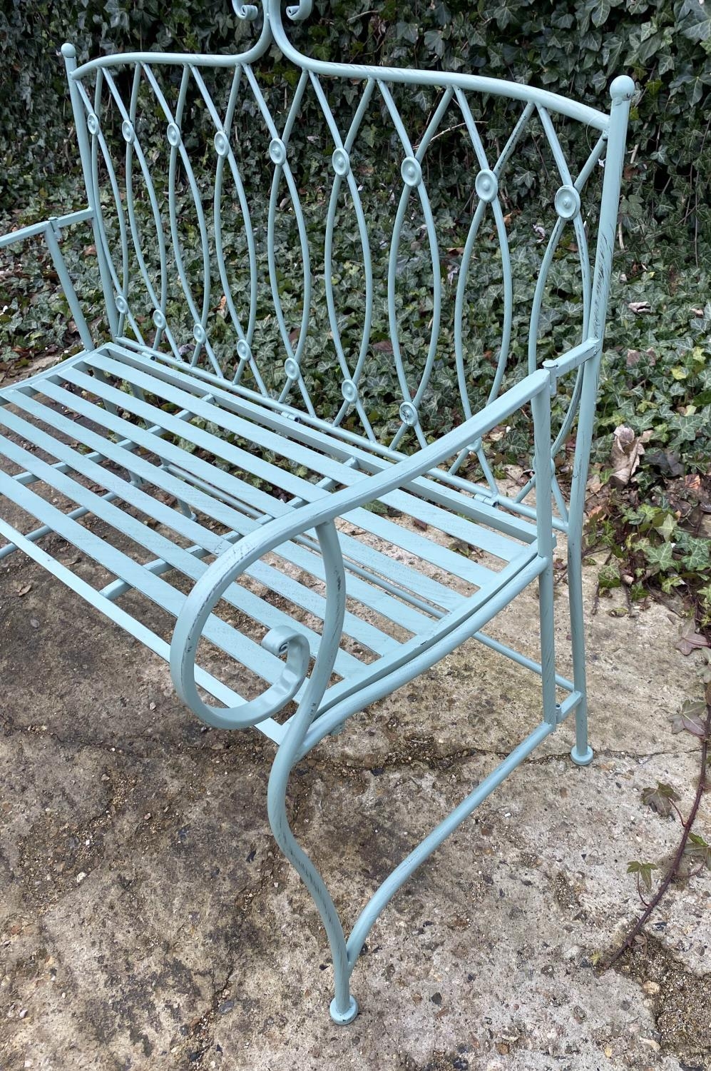 GARDEN BENCH, 95cm H x 105cm W x54cm D, Regency style, painted pistachio green metal. - Image 2 of 4