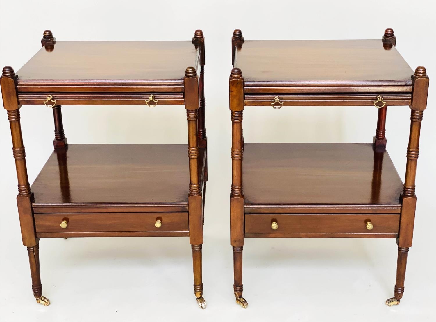 LAMP TABLES, a pair, George III design figured mahogany each with slide and under tierdrawer, 45cm W