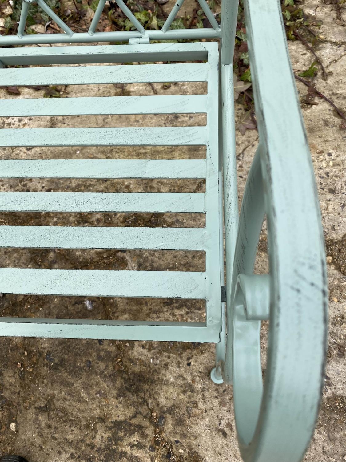 GARDEN BENCH, 95cm H x 105cm W x54cm D, Regency style, painted pistachio green metal. - Image 4 of 4