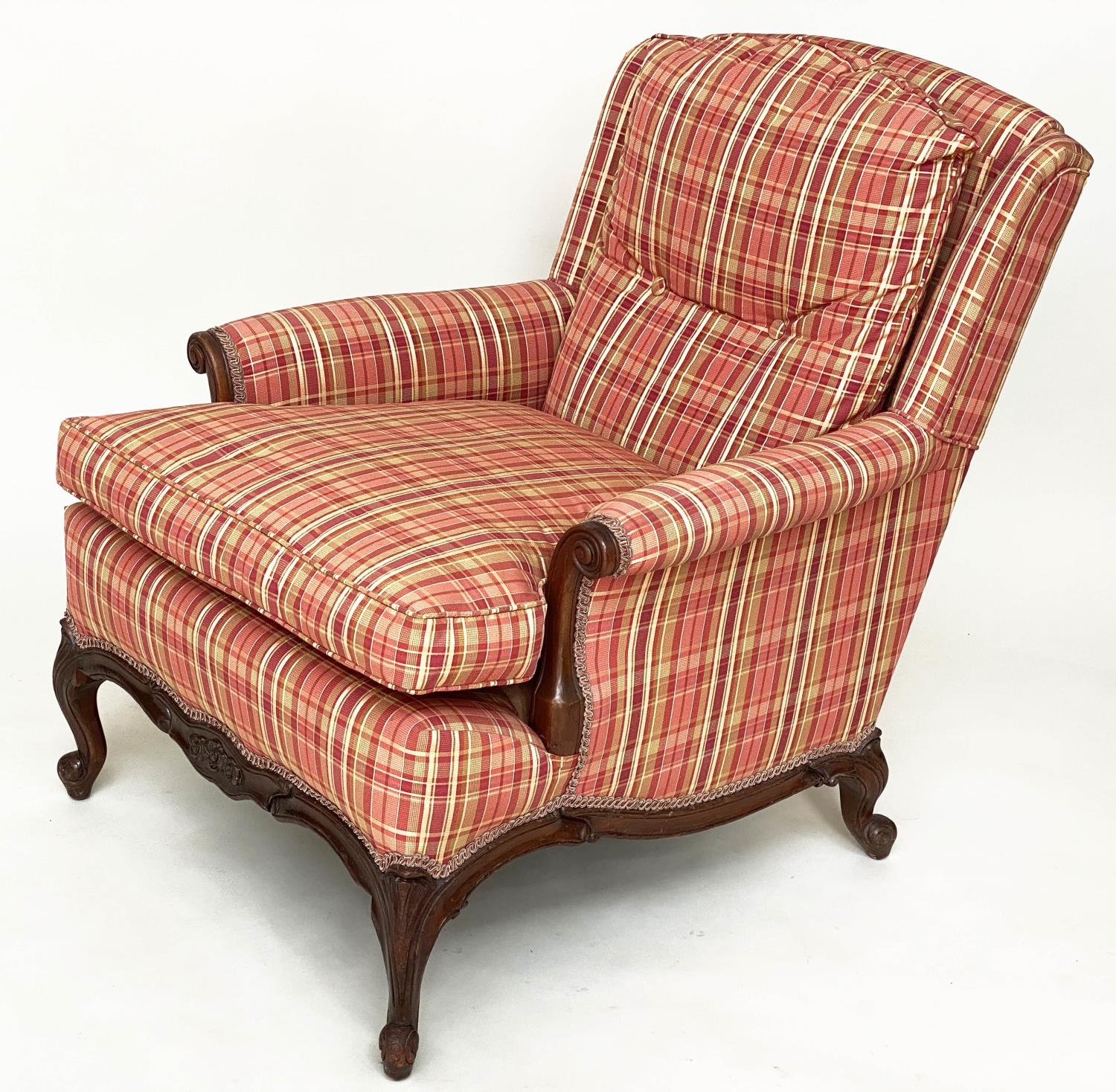 ARMCHAIR, Louis XV style mahogany newly reupholstered, with scroll arms and shaped supports (with - Image 7 of 7