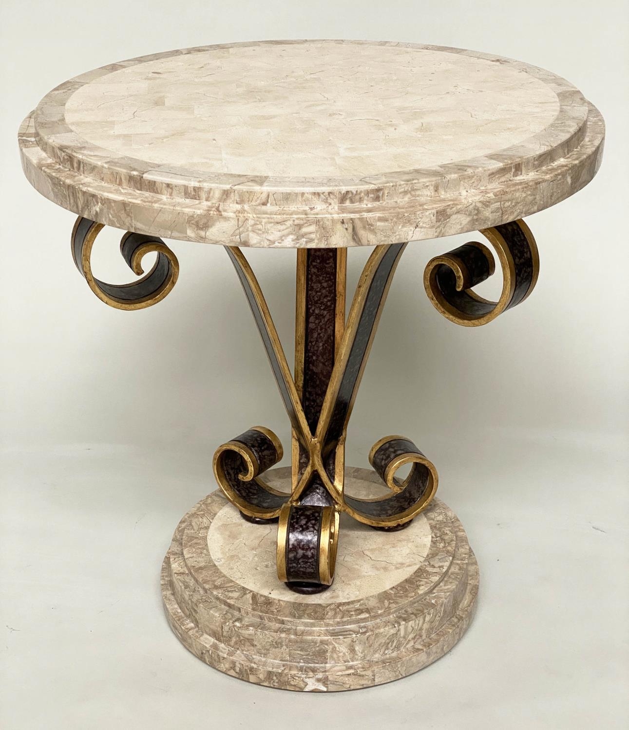 OCCASIONAL/LAMP TABLES, a pair, circular with stepped and blocked two tone travertine marble top and - Image 5 of 10