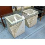 SIDE TABLES, a pair, 60cm x 60cm x 51cm, stone bases with bevelled glass tops. (2)