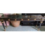 CONSOLE TABLE, 202cm L x 46cm D, the black marble top on a black and gilt base.