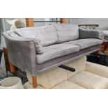 DANISH SOFA, 1970's grey leather, two seater with teak supports, 175cm W.
