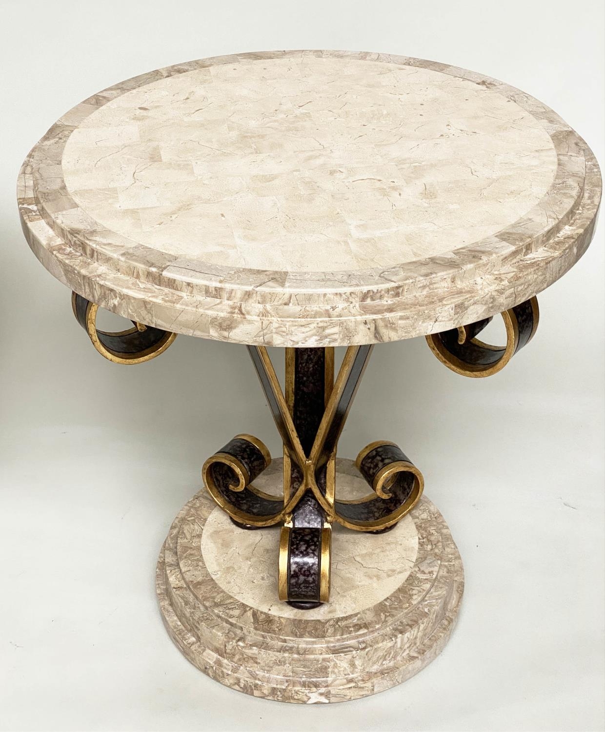 OCCASIONAL/LAMP TABLES, a pair, circular with stepped and blocked two tone travertine marble top and - Image 9 of 10