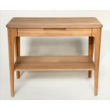 HALL/SIDE TABLE/CONSOLE TABLE, 1970s style oak rounded rectangular with frieze drawer and splay