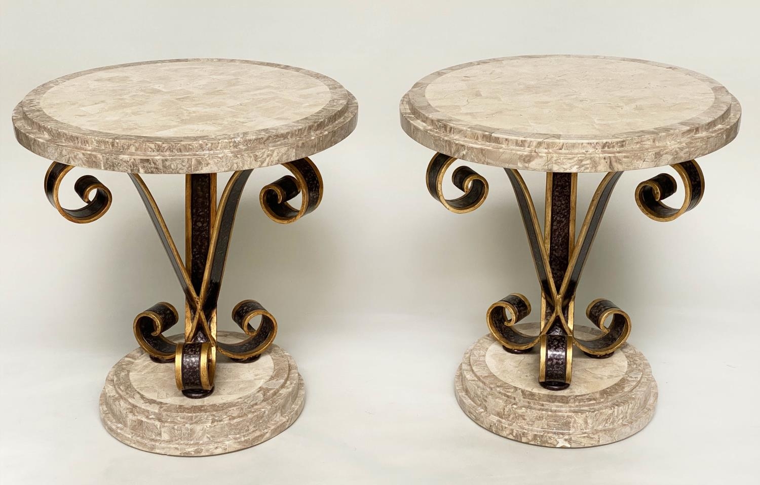 OCCASIONAL/LAMP TABLES, a pair, circular with stepped and blocked two tone travertine marble top and