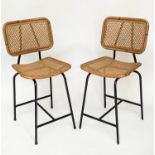 BAR STOOLS, a pair, rattan framed and cane panelled on tubular metal support by 'SATELLIET', 103cm H