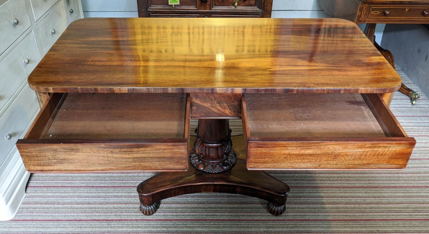 PEDESTAL WRITING TABLE, early Victorian, goncalo alves, fitted with two drawers, barrel turned - Bild 6 aus 8