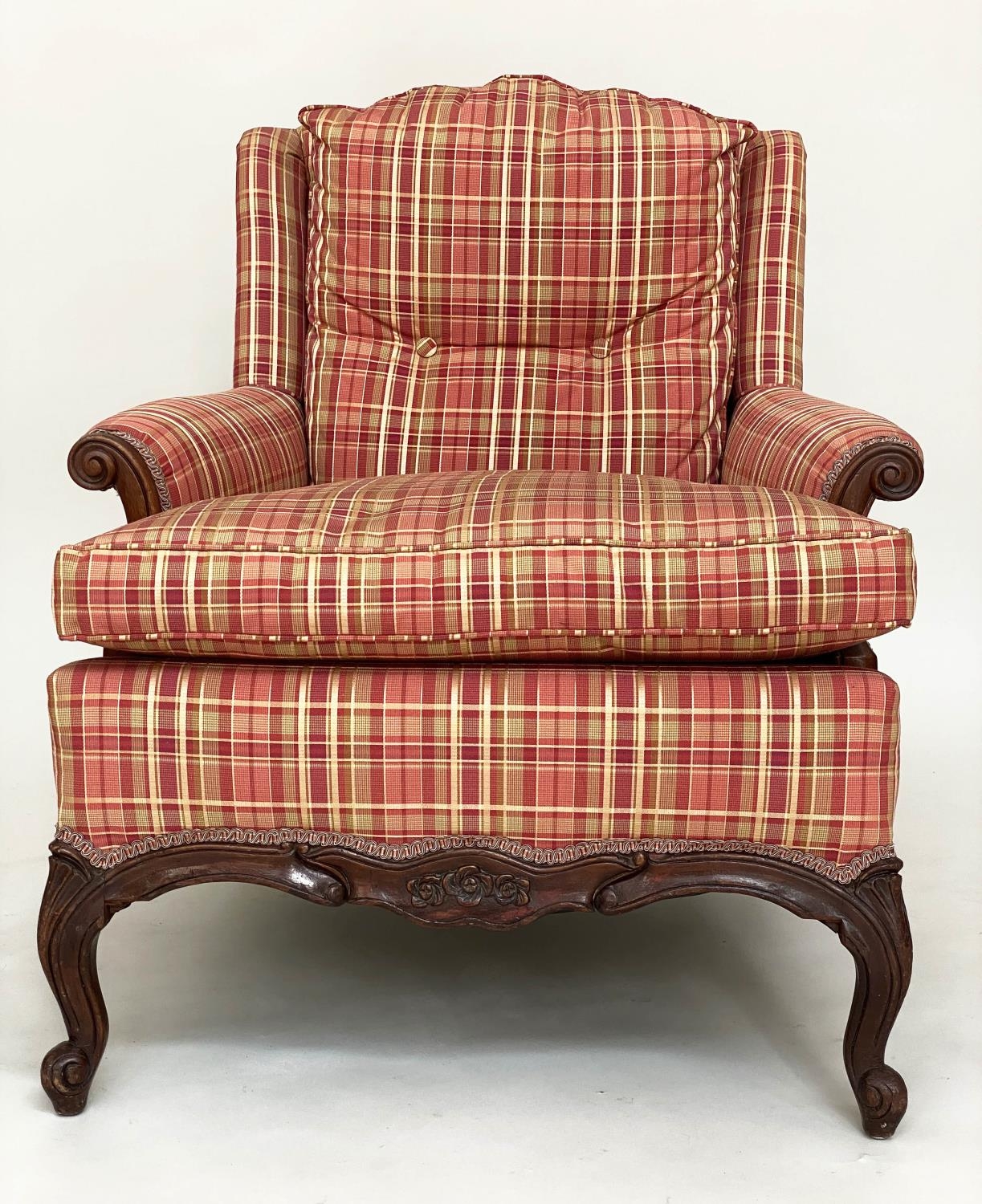 ARMCHAIR, Louis XV style mahogany newly reupholstered, with scroll arms and shaped supports (with - Image 4 of 7