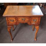 QUEEN ANNE STYLE LOWBOY, burr elm, fitted with three drawers, raised on cabriole legs, 70cm H x 69cm