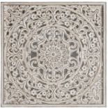 WALL PLAQUE, Moroccan inspired pierced and carved design, washed finish, 121cm W x 121cm H x 5cm D.