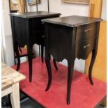 COACH HOUSE SIDE CABINETS, a pair, French provincial style, ebonised with two drawers to each,