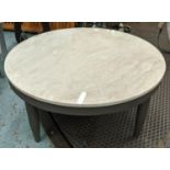 LOW TABLE, circular polished stone top, on a wooden base, 44cm H x 96cm.