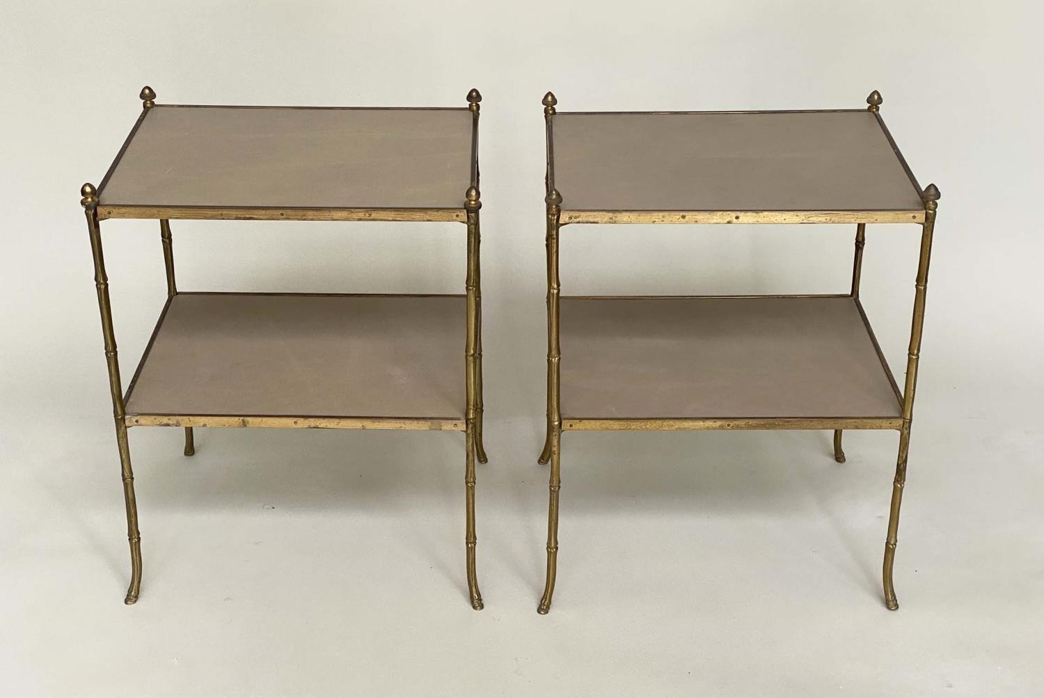 FAUX BAMBOO ETAGERES, a pair, early 20th century Regency style, gilt metal framed each with two