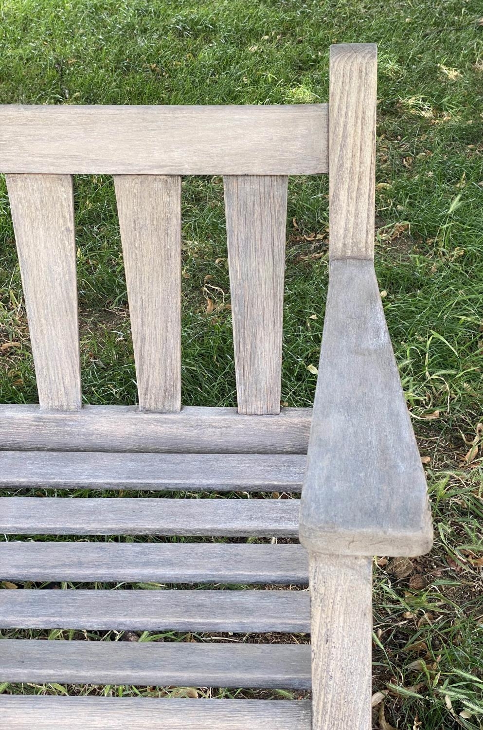 GARDEN BENCH, weathered teak with triangular splat back, 140cm W. - Image 3 of 7