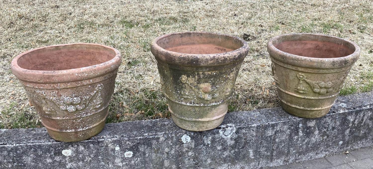 GARDEN TERRACOTTA PLANTERS, a set of three, large weathered terracotta with fruit decoration, 57cm W - Image 3 of 8