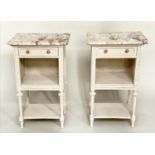 BEDSIDE/LAMP TABLES, a pair, early 20th century French grey painted each with drawer, compartment