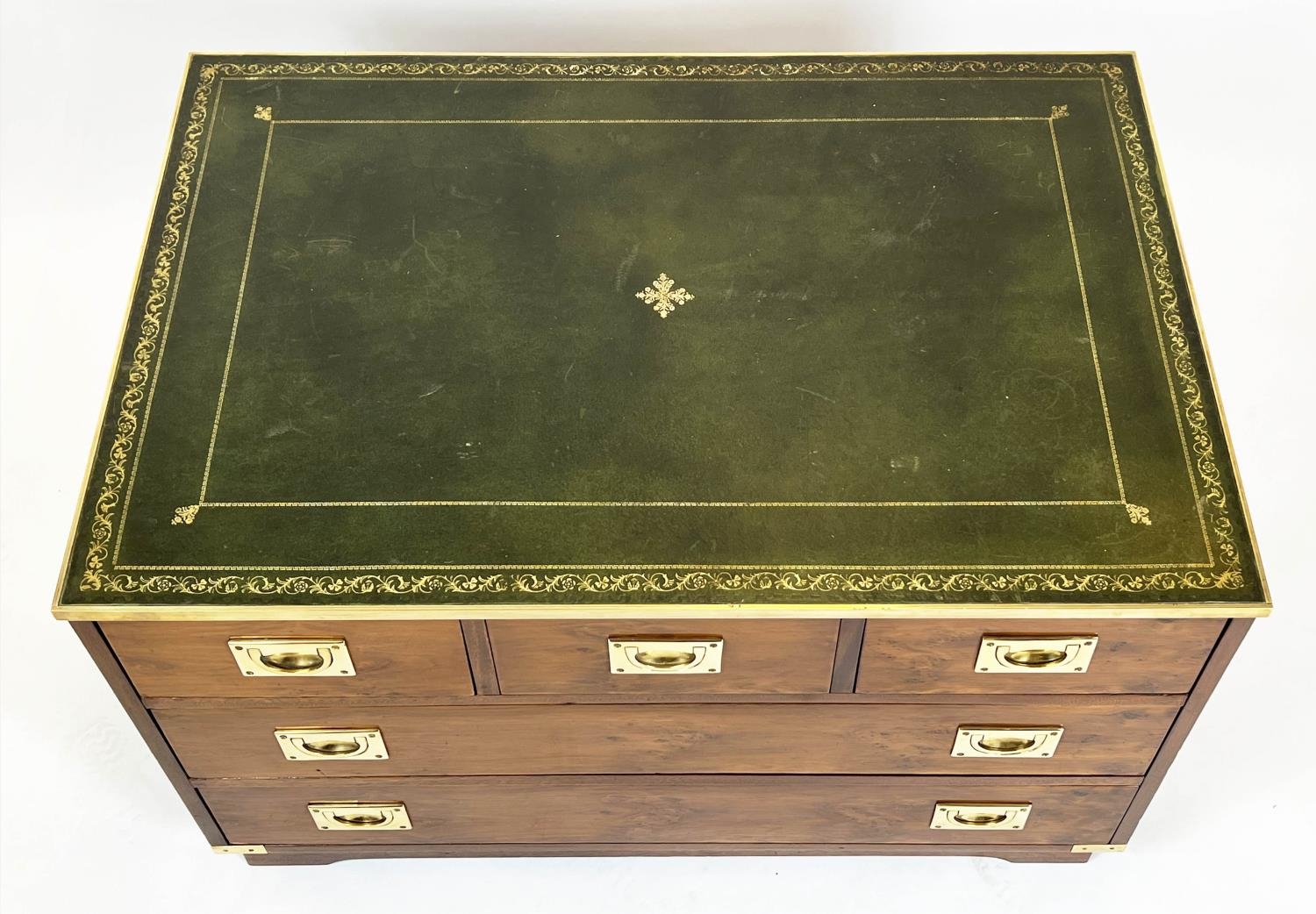 CHEST, 56cm H x 92cm x 62cm, yewwood and brass bound with green leather top above five drawers. - Bild 3 aus 3