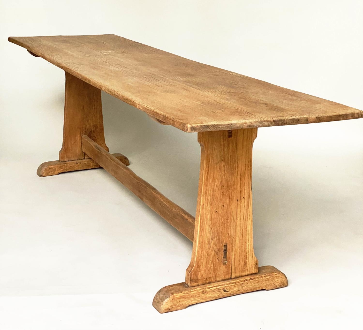 REFECTORY TABLE, vintage English oak with planked narrow rectangular top and twin trestle
