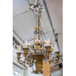 CHANDELIER, 44cm W x 84cm tall, gilt metal of hanging basket form with porcelain flower detail.