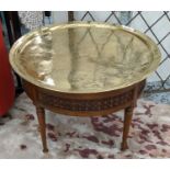 CIRCULAR BRASS TRAY, 73cm diam x 53cm H decorated on a wooden stand.