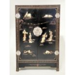 CHINESE SIDE CABINET, Chinese black lacquered and gilt Chinoiserie decorated with two doors and