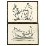 HENRY MOORE, a pair of abstract off set lithographs, black faux bamboo frame. 49cm x 30cm.