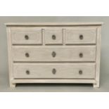 COMMODE, French Provincial style traditionally grey painted solid oak with three long panelled