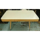 DESK, 124cm W x 72cm D, contemporary style, the white top raised on a wooden base.