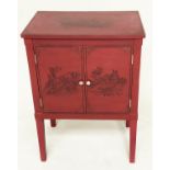 CHINESE CABINET, scarlet lacquered and Chinoiserie decorated with two panel doors and stile