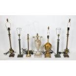 TABLE LAMPS, two pairs and three others including an urn and a pineapple lamp, tallest 83cm H. (7)