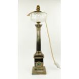 COLUMN LAMP, 66cm tall, silver plate with cut glass detail, converted from an oil lamp.