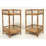 BAMBOO LAMP TABLES, a pair, woven cane panelled each with two tiers, 31cm x 31cm x 56cm. (2)